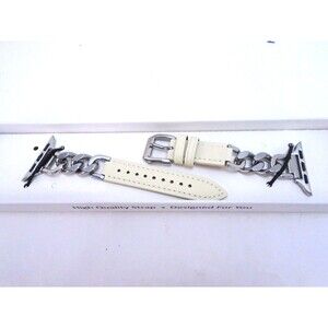 Diamooond Leather Chain Cuban Link Watch Band For Apple Watch Silver White S 38